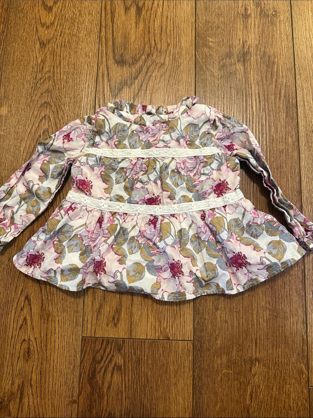 Janie and Jack Floral Long-Sleeve Peplum Top - Pink, White & Green 6-12